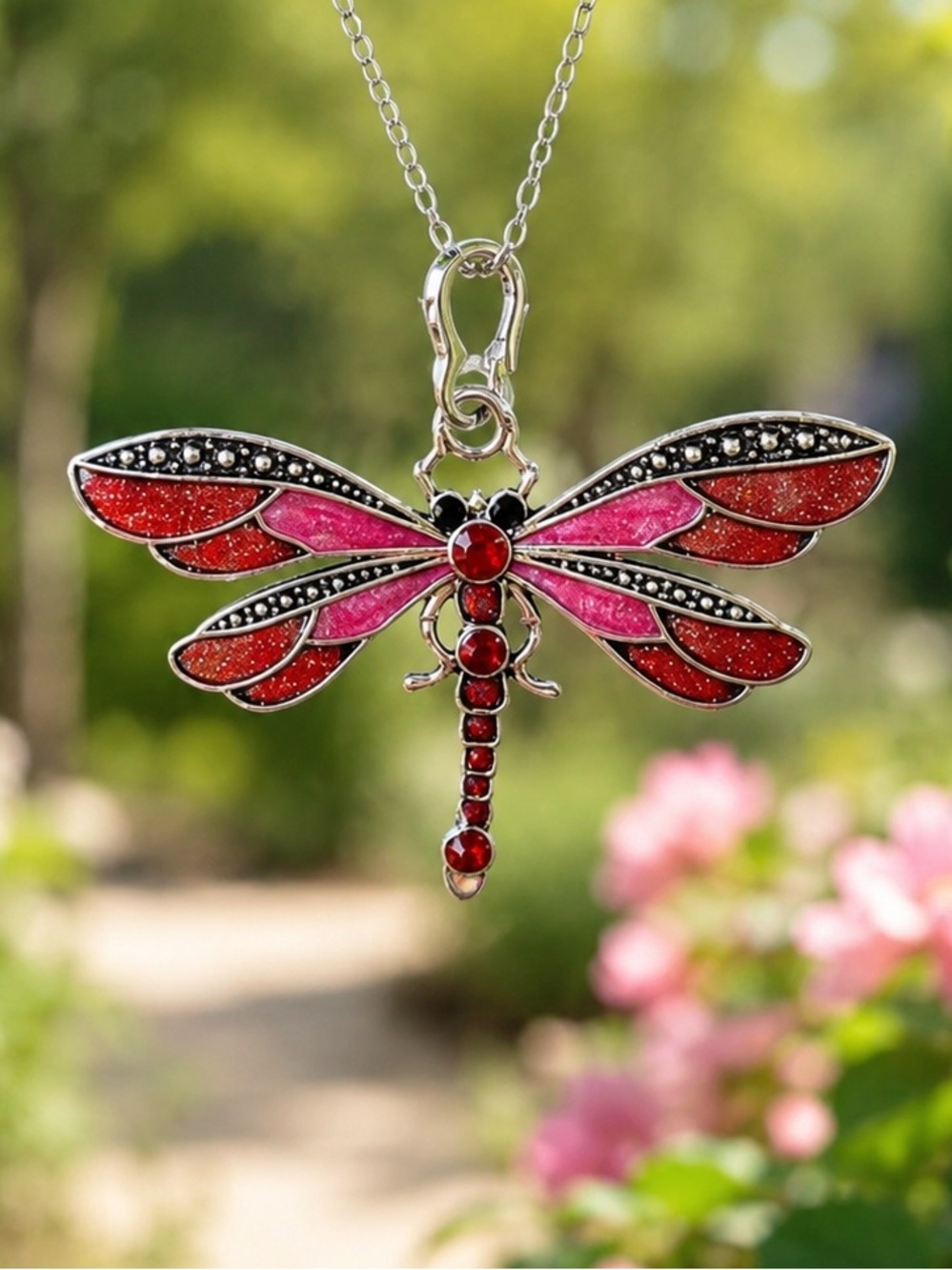 🌸 Dragonfly Pendant Necklace in Pink and Red